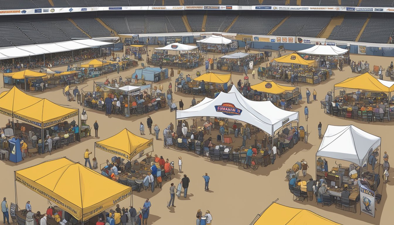 A crowded outdoor arena with banners and booths at the Amarillo Steak Championship. Sponsors' logos are prominently displayed, and attendees mingle with potential partners