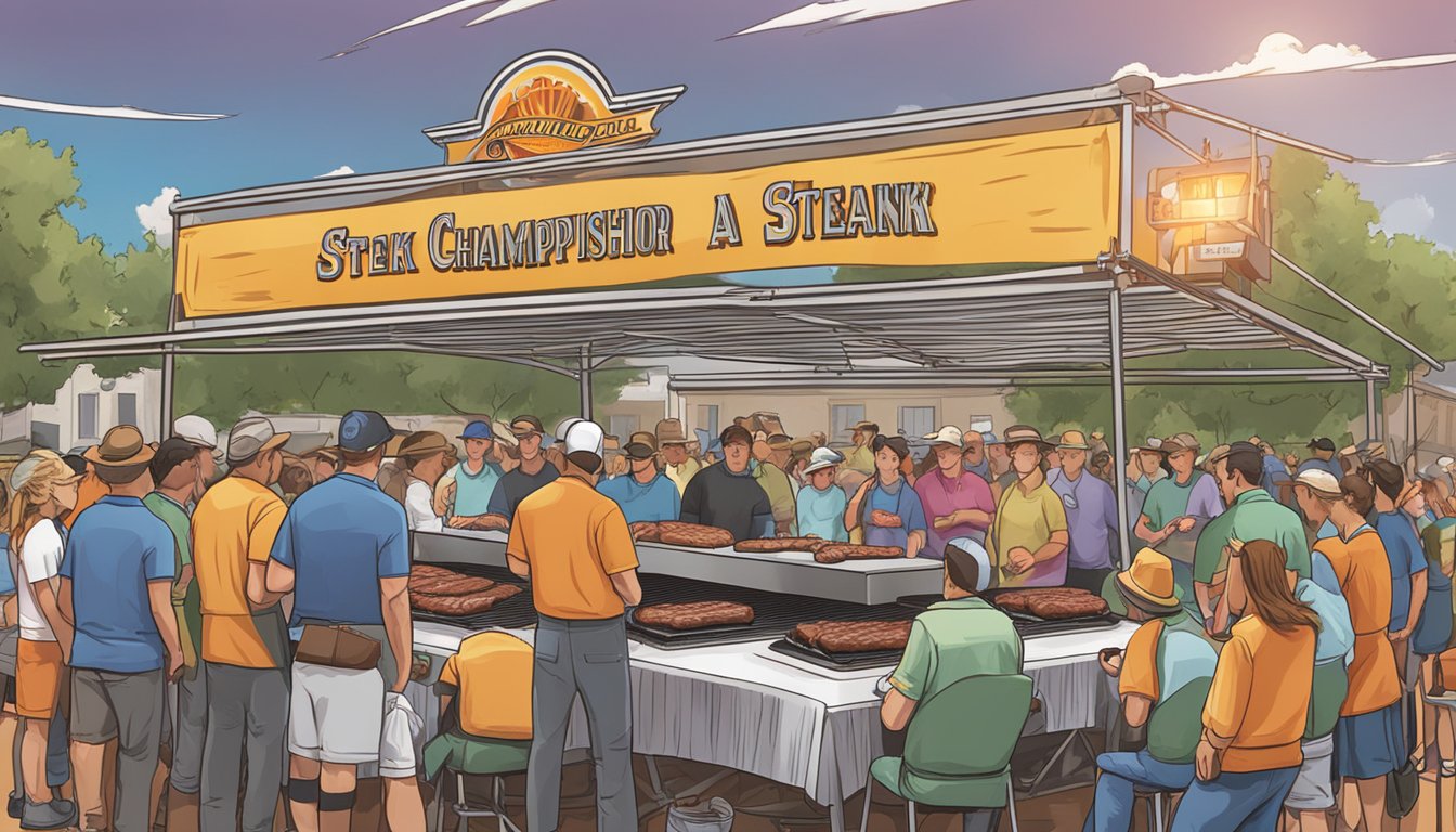 A sizzling steak on a grill, surrounded by a crowd of onlookers at the Amarillo Steak Championship. A banner with the event's name hangs overhead