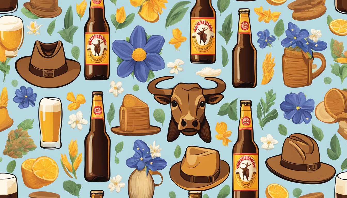 A bottle of Shiner Bock Beer surrounded by edible icons of the lone star state, such as a cowboy hat, a longhorn, and a bluebonnet flower