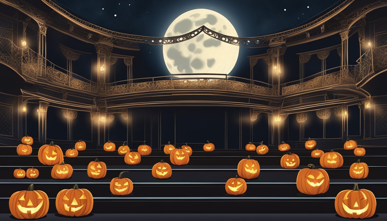 A spooky theater stage with a full moon backdrop, surrounded by jack-o-lanterns and eerie lighting