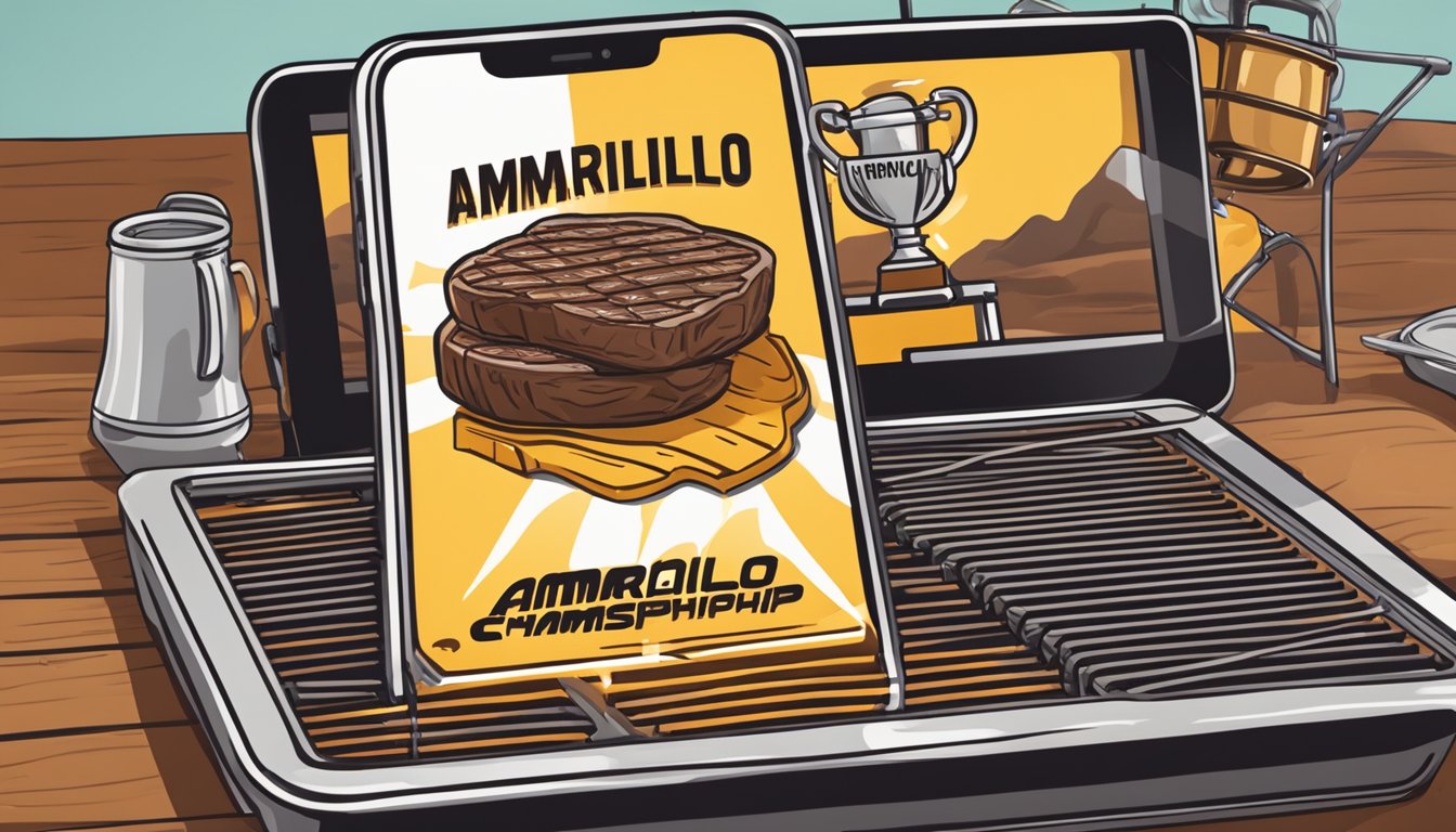 A sizzling steak on a grill with a trophy and a phone displaying "Amarillo Steak Championship" on the screen