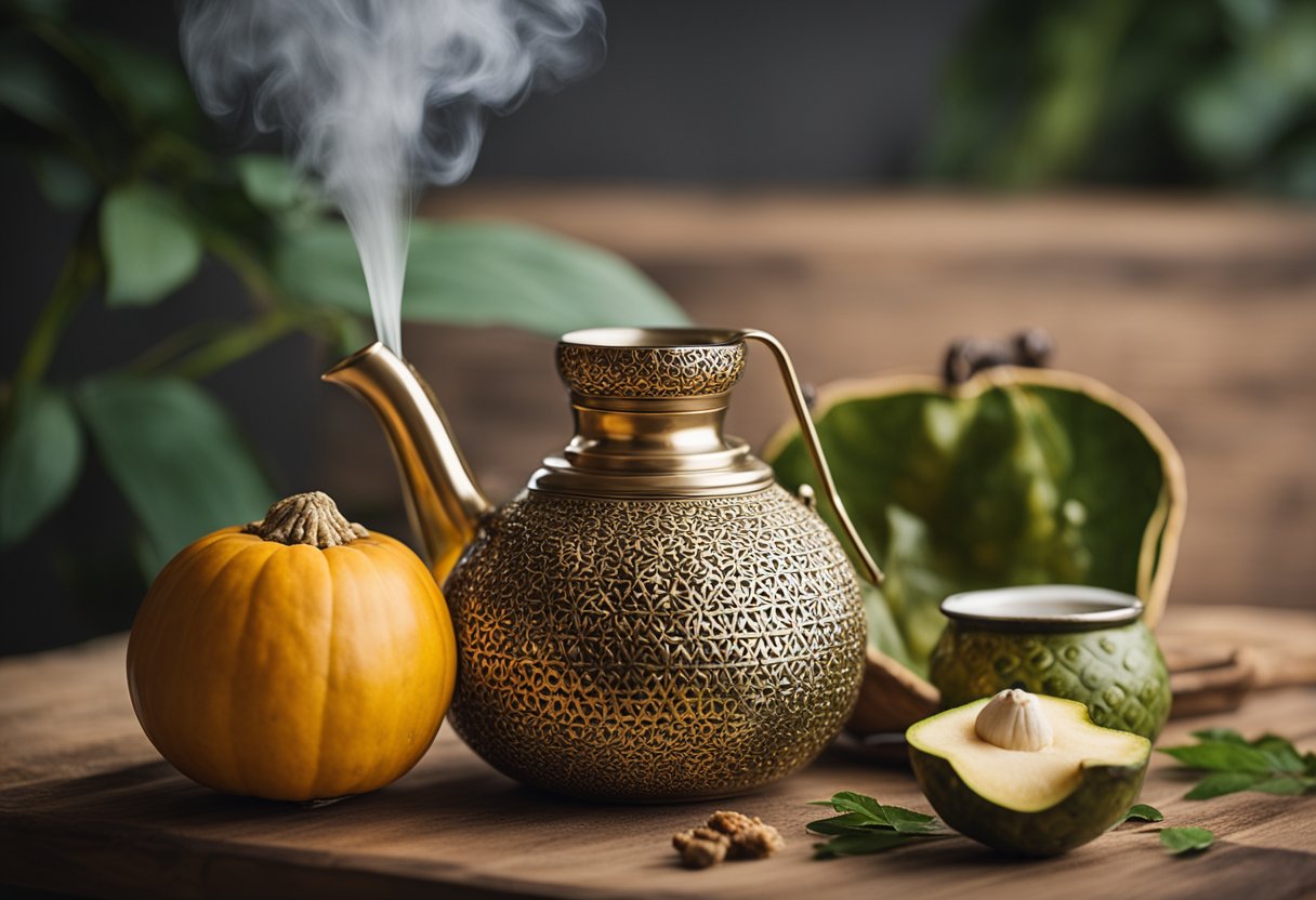 Uma mesa com uma cuia tradicional, bombilla e um saco de erva-mate. Água quente está sendo derramada na cuia.