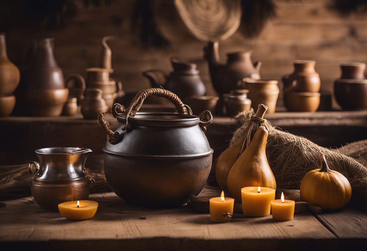 Um chimarrão tradicional gaúcho está sendo preparado com uma cuia, bombilha e água quente, colocado em uma mesa de madeira com um fundo rústico.