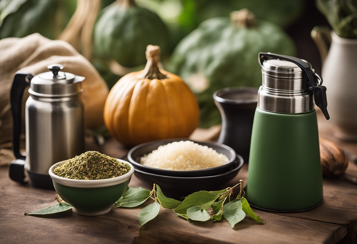 Uma mesa posta com uma cuia, bombilla e térmica, cercada por folhas soltas de erva-mate e um saco de açúcar