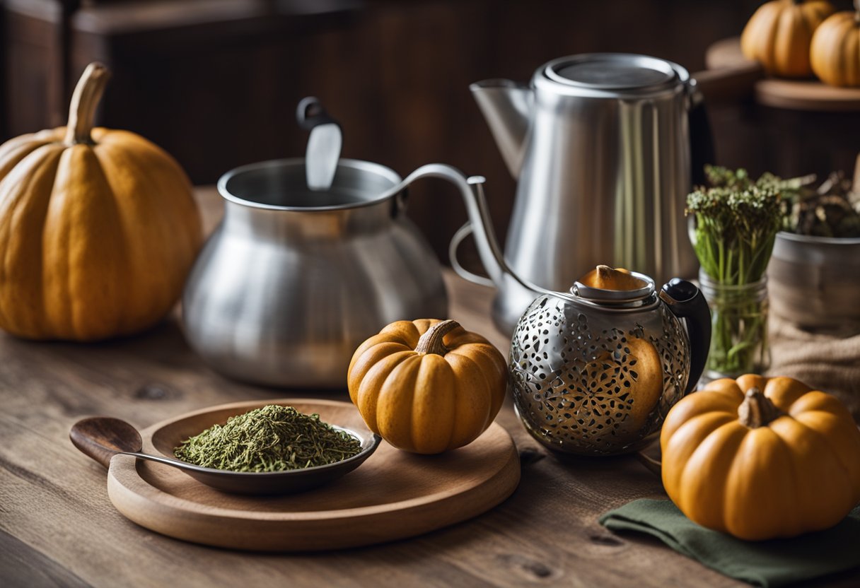 Uma mesa posta com uma cuia, bombilha e um saco de erva-mate. Uma chaleira vaporiza ao fundo.