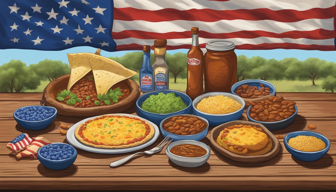 A rustic wooden table displays iconic Texan foods: chili, BBQ, pecan pie, and tacos, surrounded by bluebonnets and a lone star flag