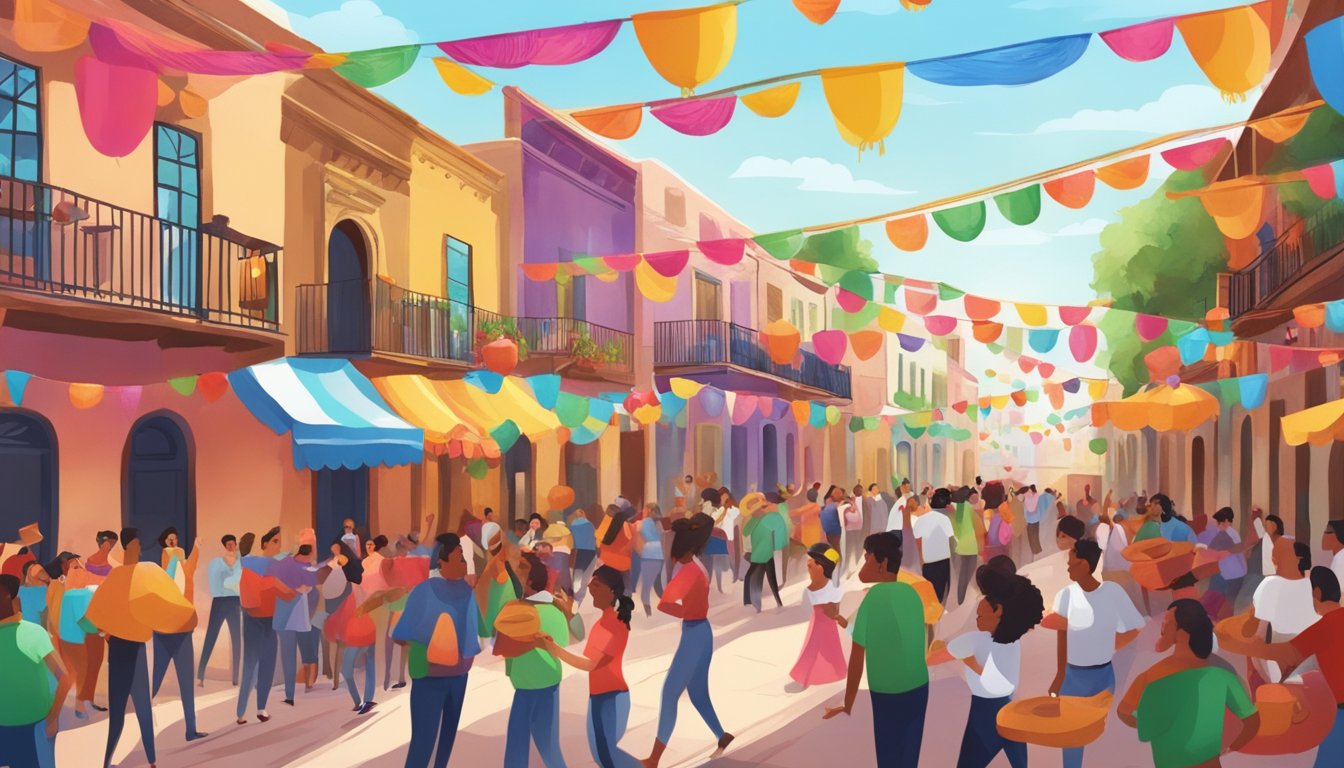 A festive Texas street lined with colorful decorations and people enjoying traditional Mexican music and dance to celebrate Cinco de Mayo