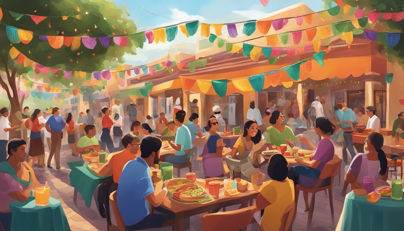 A festive scene of colorful decorations, live music, and people enjoying traditional Mexican food and drinks in a lively outdoor setting