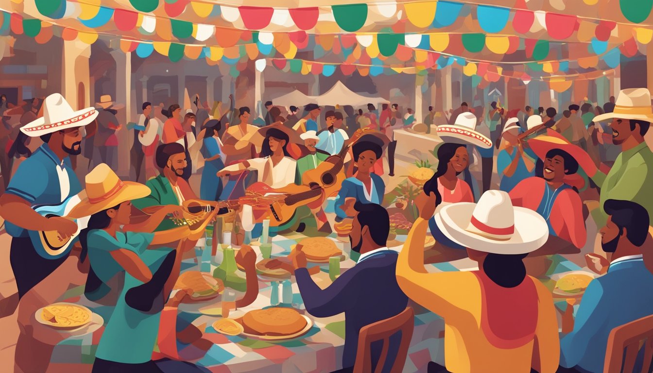 A festive scene with colorful decorations, mariachi music, and people dancing and enjoying traditional Tex-Mex cuisine for Cinco de Mayo celebrations in Texas