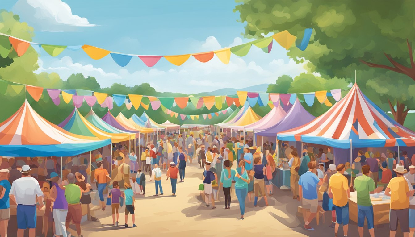 Crowds gather around information booths at the Texas Testicle Festival. Festive banners and colorful tents line the lively event grounds