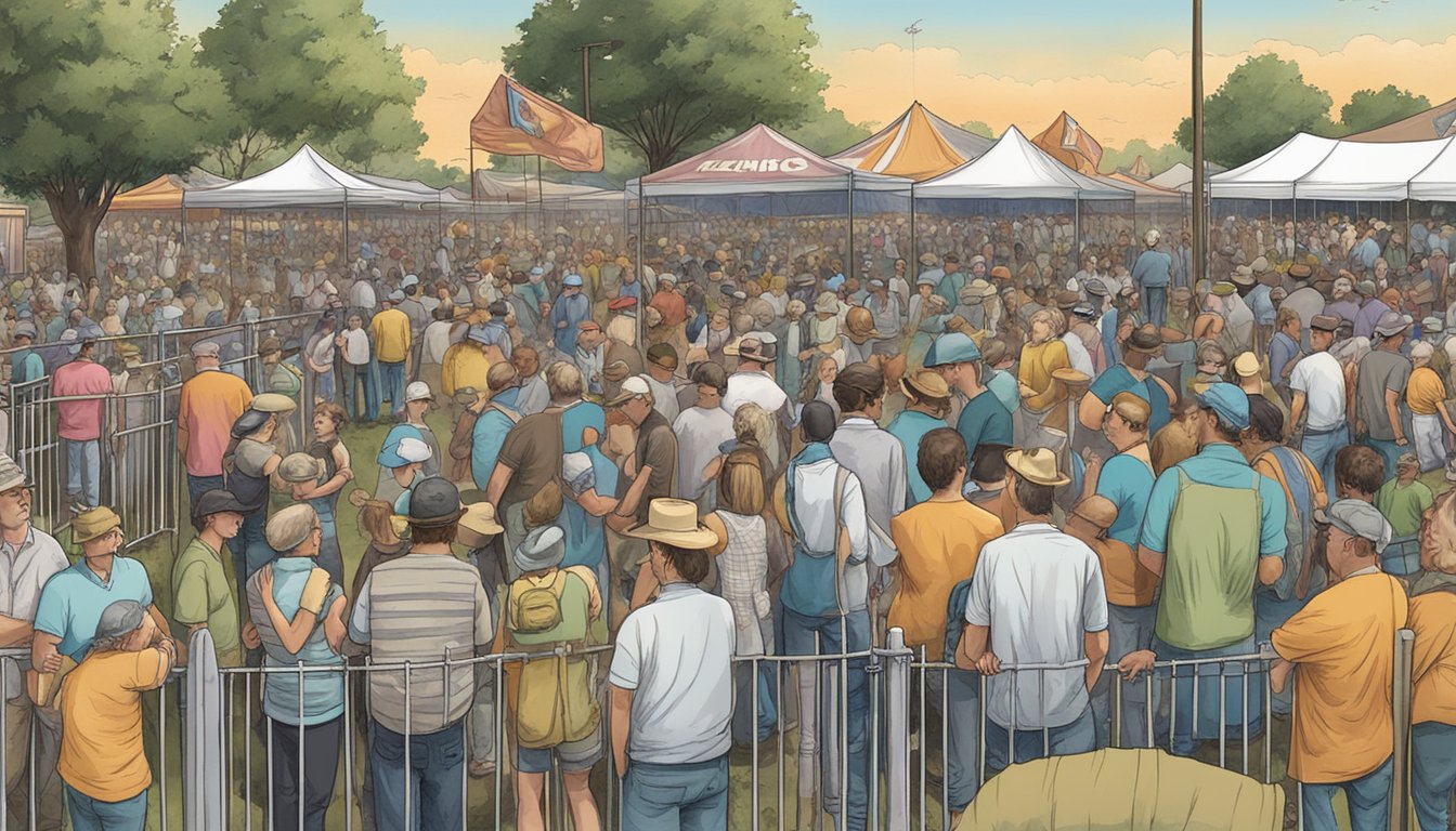 Crowds of people gather around a fenced-off area at the Texas Testicle Festival, where safety and regulation signs are prominently displayed