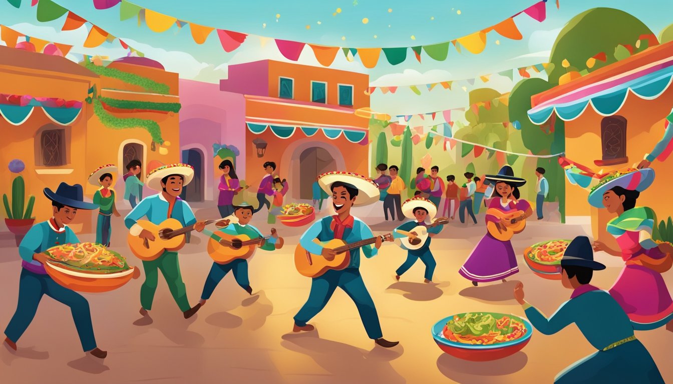 A festive scene with colorful decorations, mariachi bands, and children enjoying traditional Mexican food and dancing