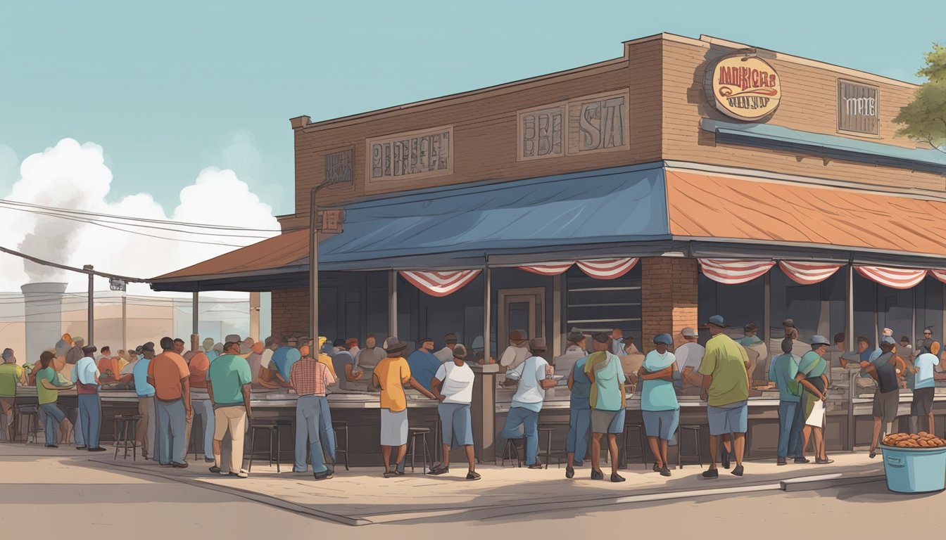 A bustling Texas barbecue joint with smoke billowing from the pit and customers lined up outside