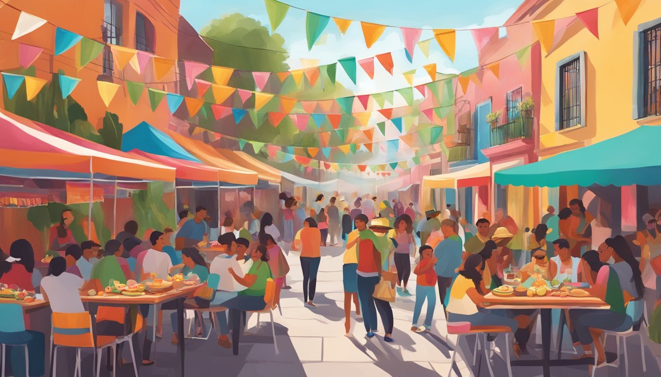 A festive street fair with colorful decorations, live music, and people enjoying traditional Mexican food and activities