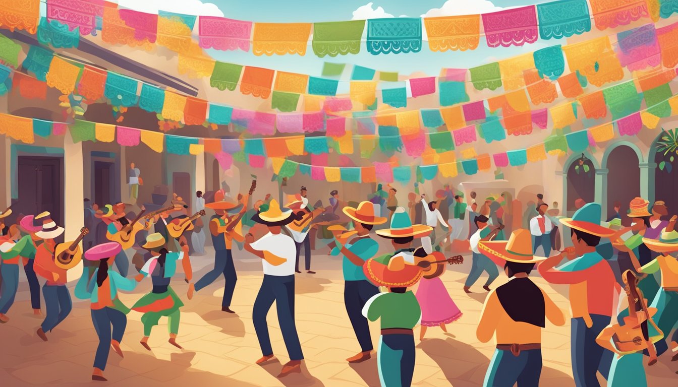 A festive scene with colorful papel picado banners, mariachi bands, and people dancing at a Cinco de Mayo celebration in Texas