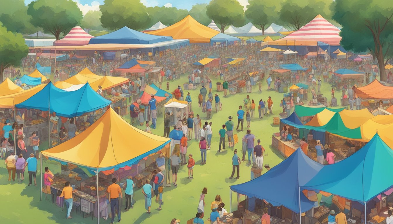 Crowds of people fill the Texas Testicle Festival, with colorful tents and food stands lining the grounds. Music blares from the stage as attendees enjoy games and activities