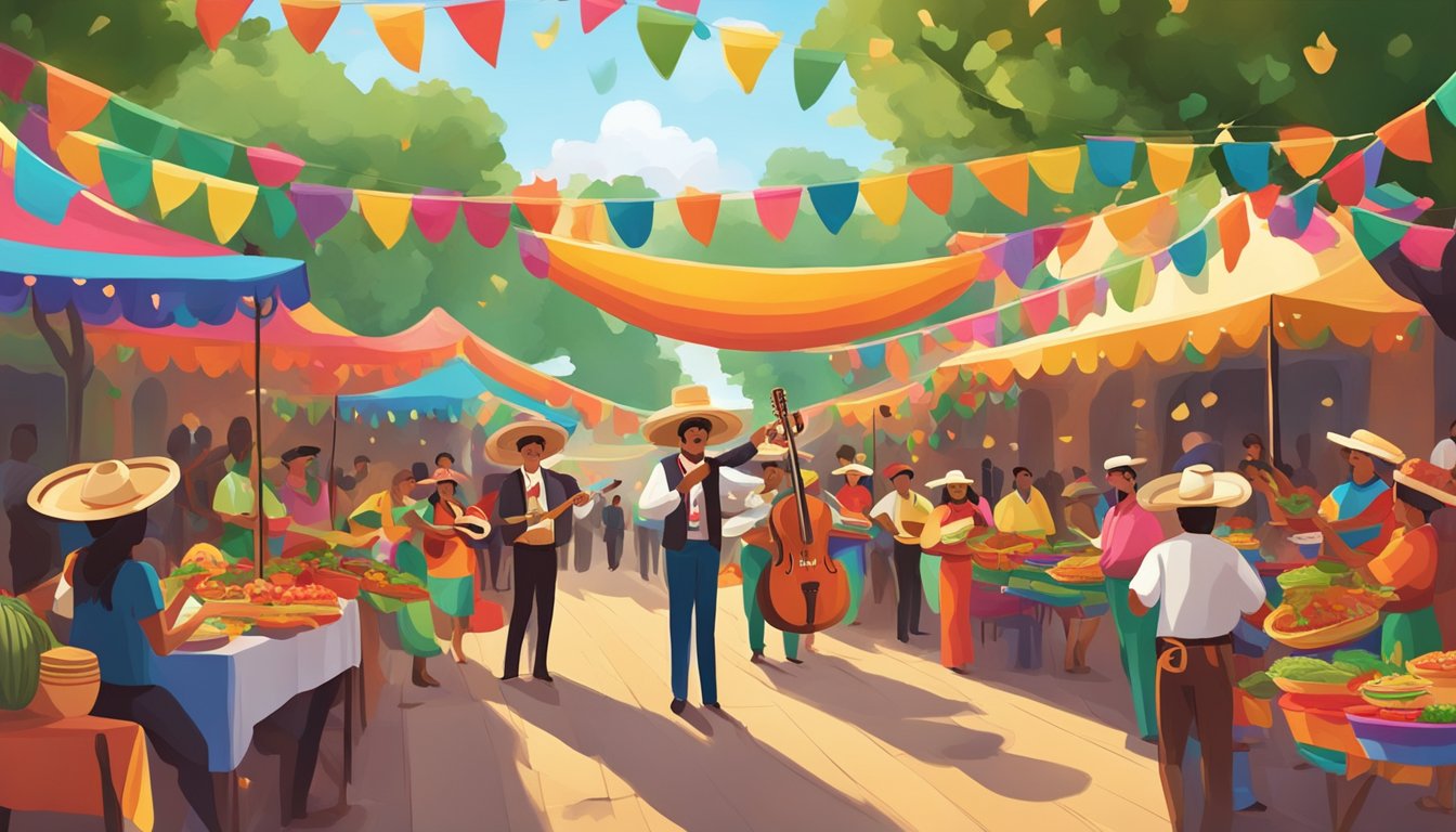 A festive scene with colorful decorations, mariachi band, and local vendors selling traditional Mexican food and crafts at a lively Cinco de Mayo celebration in Texas