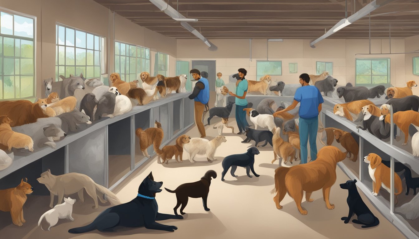 Animals of various sizes and breeds gather in a shelter, with volunteers and staff working to care for them