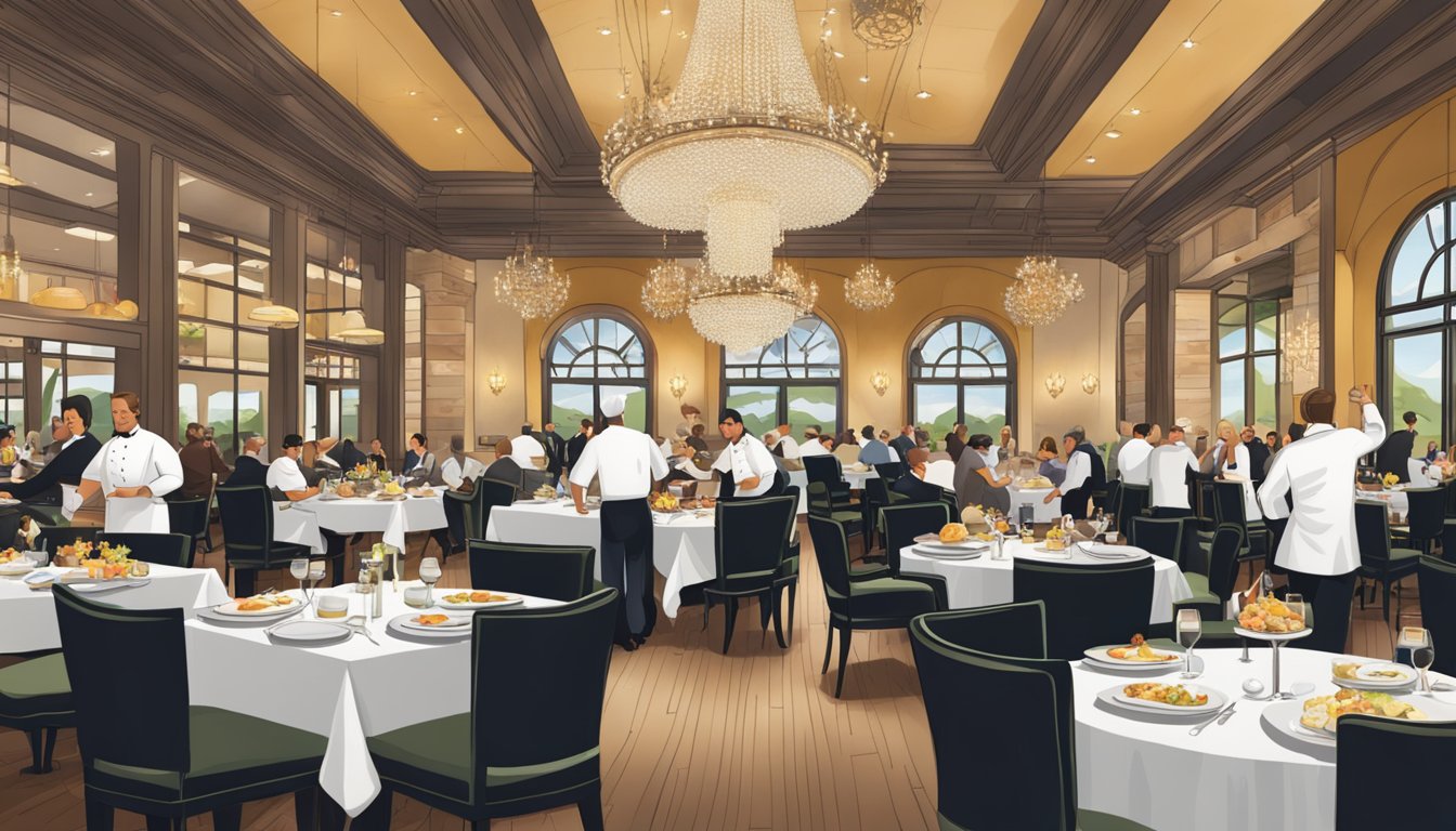 A bustling, elegant restaurant with a grand chandelier, white tablecloths, and a lively open kitchen showcasing iconic Texas chefs