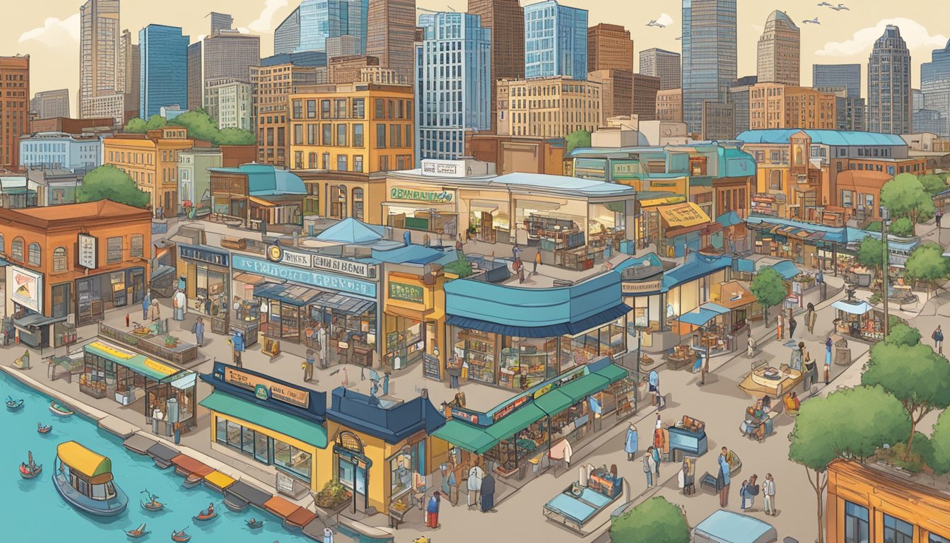 A bustling Texas city skyline with iconic restaurants and chefs featured in "Odd Duck" guide