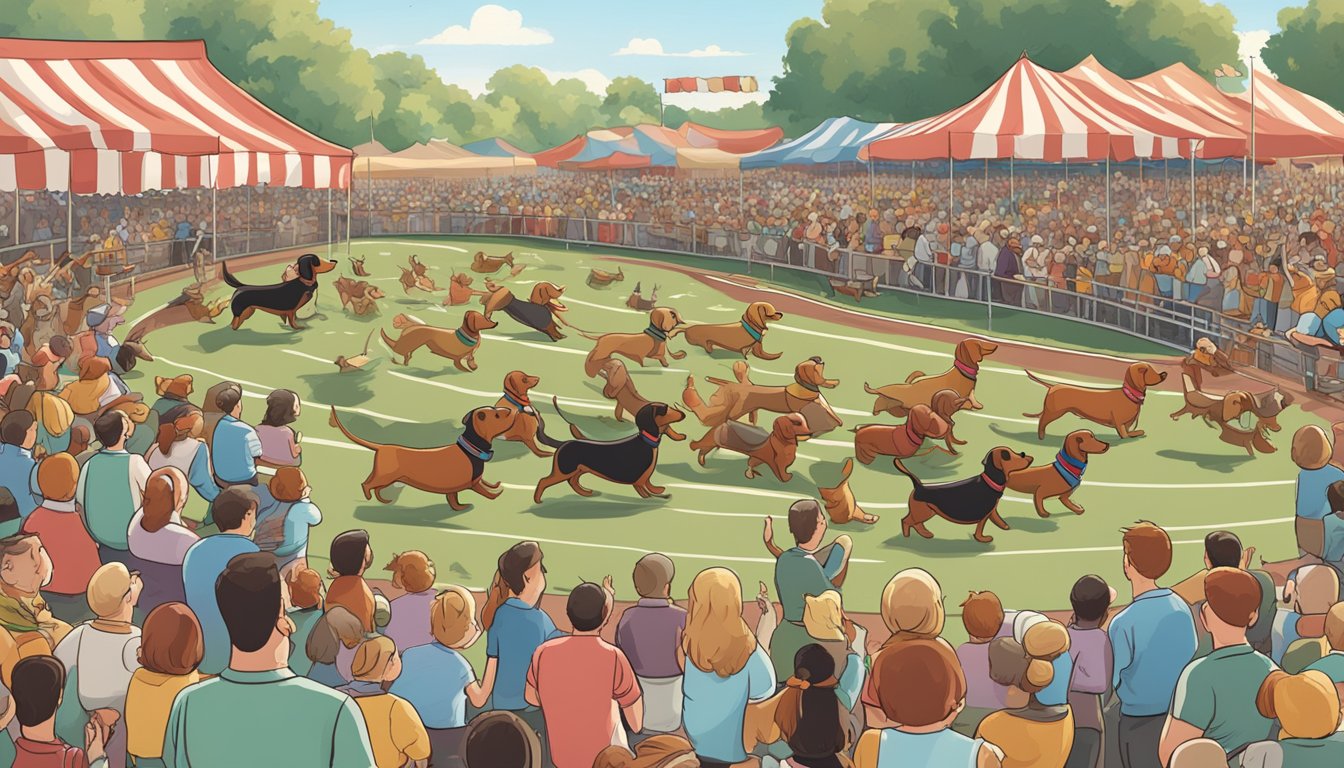 A crowded outdoor event with wiener dogs racing on a track, spectators cheering, and vendors selling food and merchandise