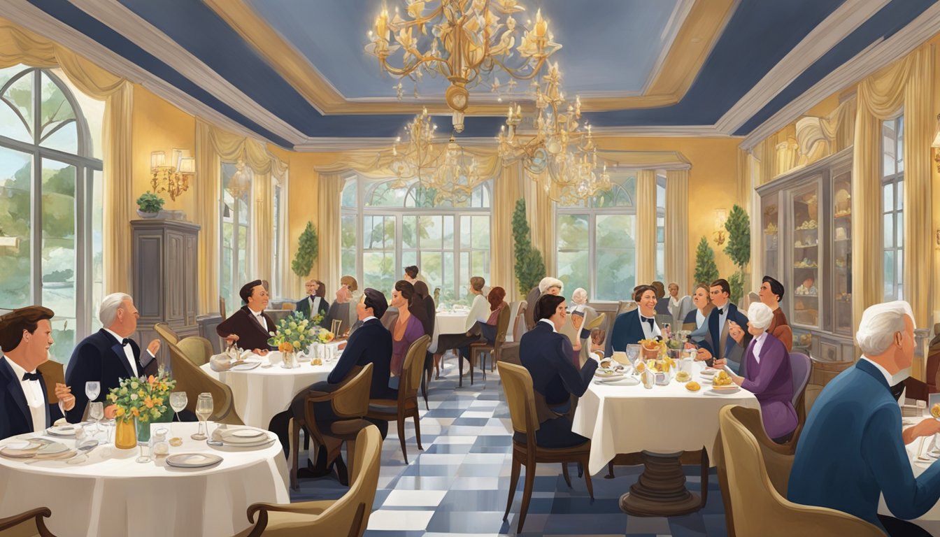 A bustling, elegant dining room with a mix of French and Texan decor, filled with happy patrons enjoying exquisite cuisine