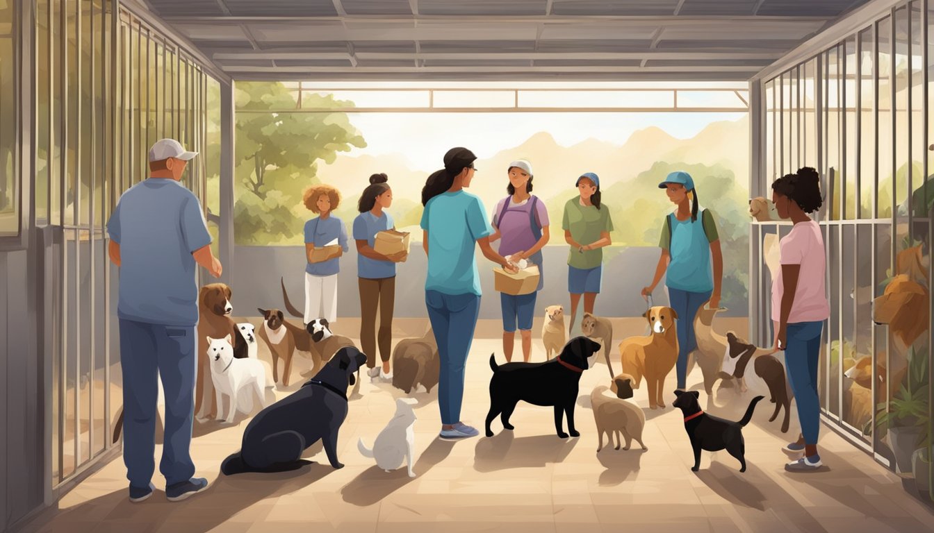 Animals of various sizes and breeds gather in a spacious, well-lit shelter. Volunteers and staff work together to care for and find homes for the animals