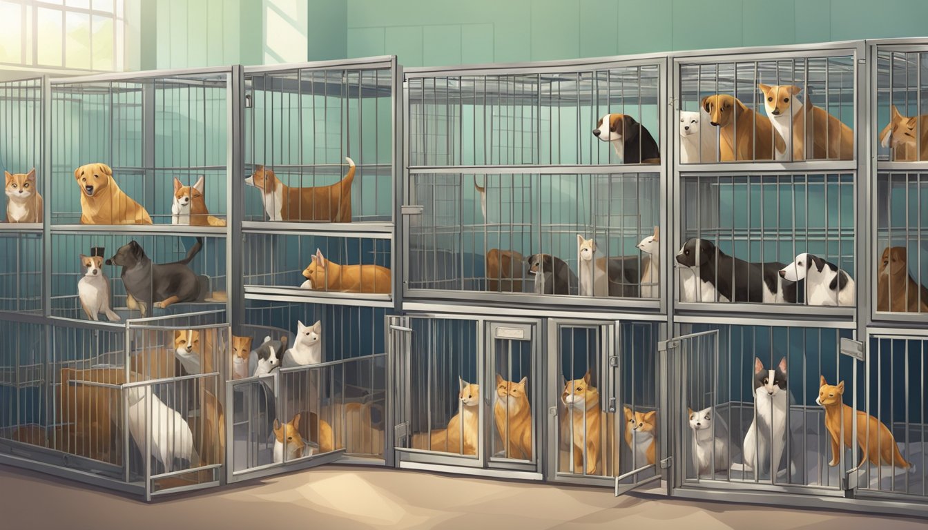 Crowded animal shelter, empty cages, happy pets finding new homes