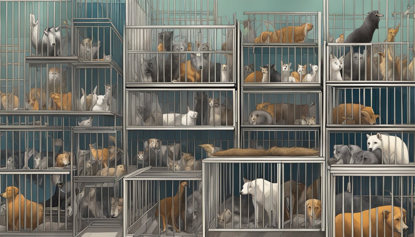 Animals in cages, hopeful eyes, crowded shelter, volunteers working tirelessly, long lines of potential adopters, and a sense of urgency