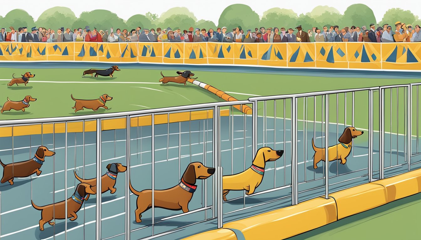 Wiener dogs racing with safety barriers and officials at Buda Wiener Dog Races