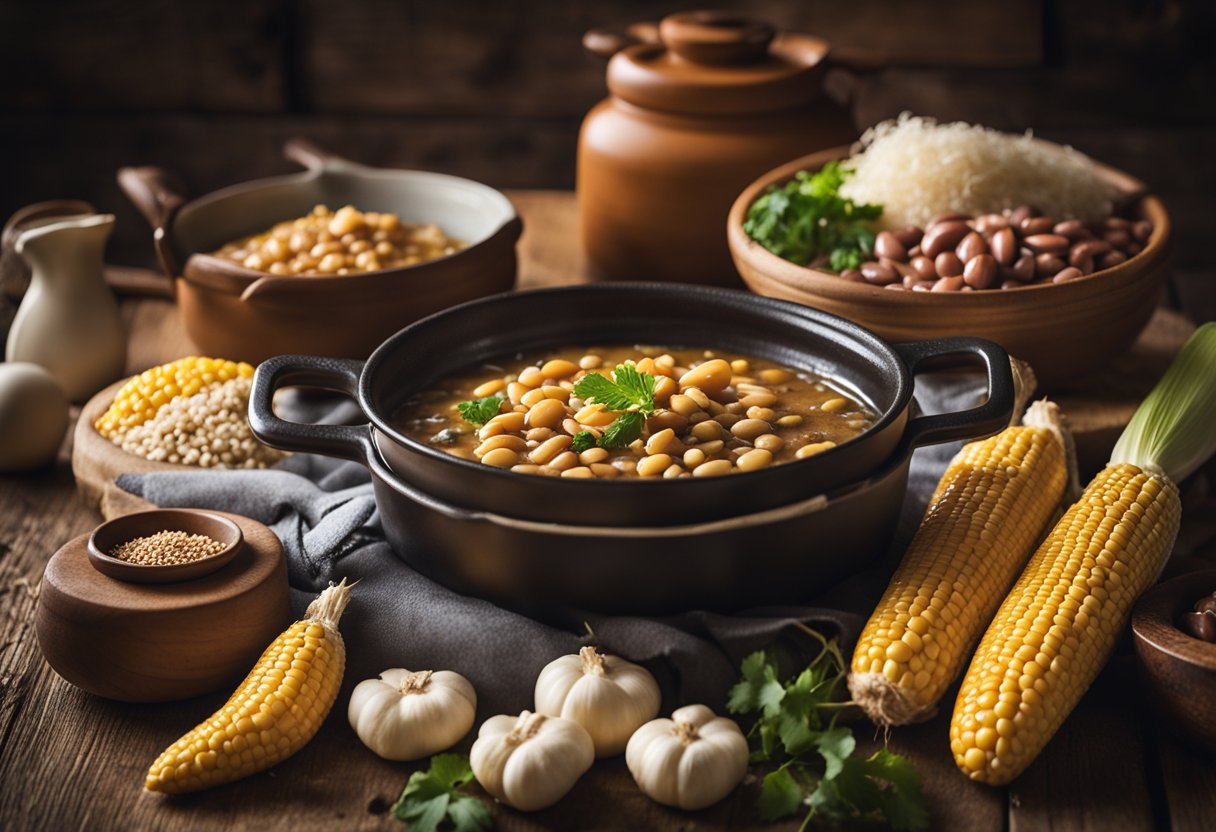 Uma cozinha rústica com uma panela borbulhante de puchero gaúcho cercada por ingredientes simples como feijão, milho e carne.