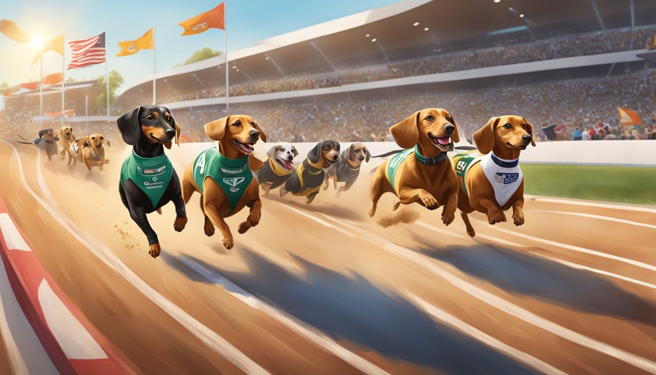 A sunny outdoor event with wiener dogs racing and sponsors' banners displayed around the track