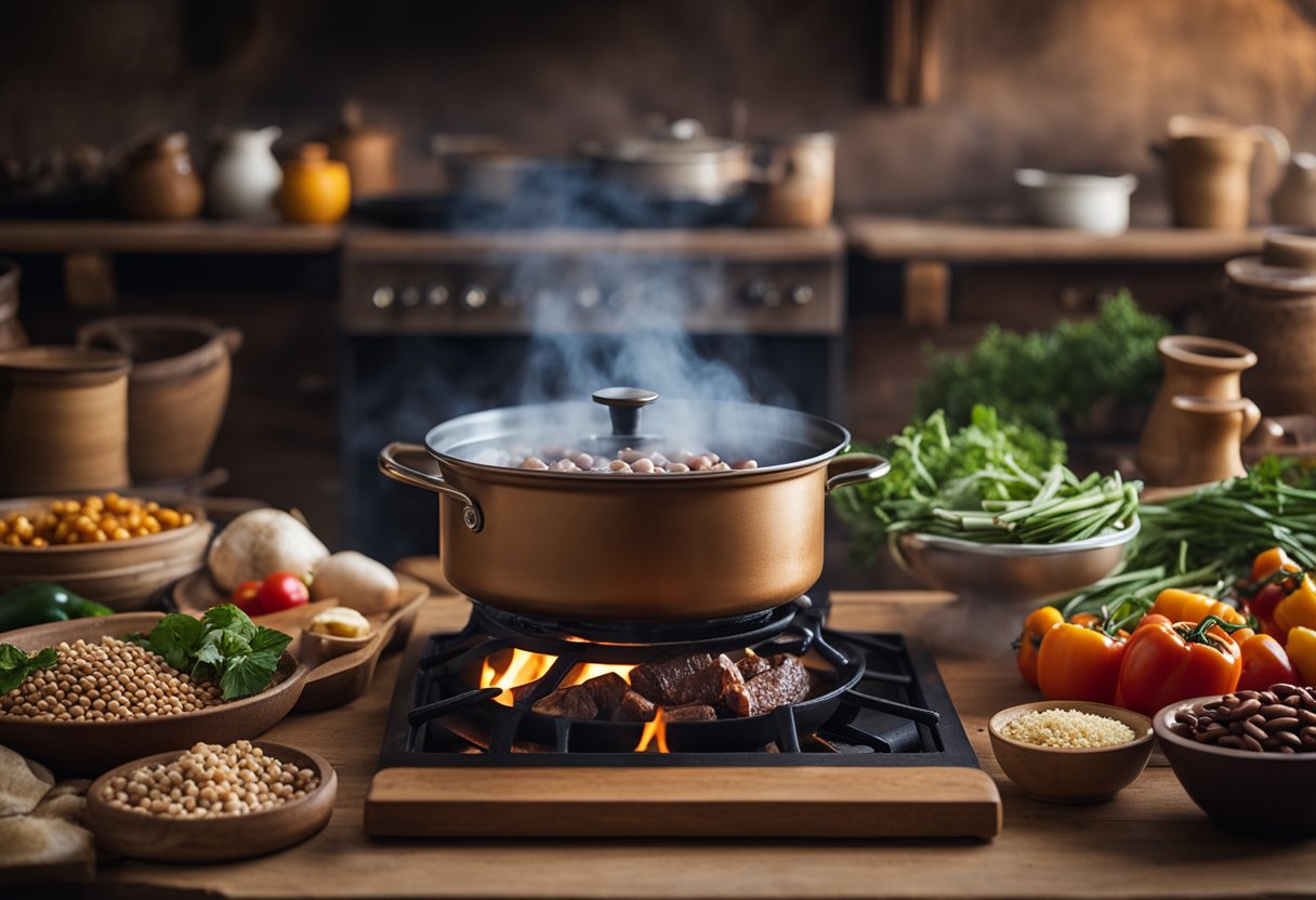 Uma cozinha rústica com uma panela fervendo sobre uma fogueira, cercada por ingredientes simples como feijão, carne e vegetais para fazer puchero gaúcho.