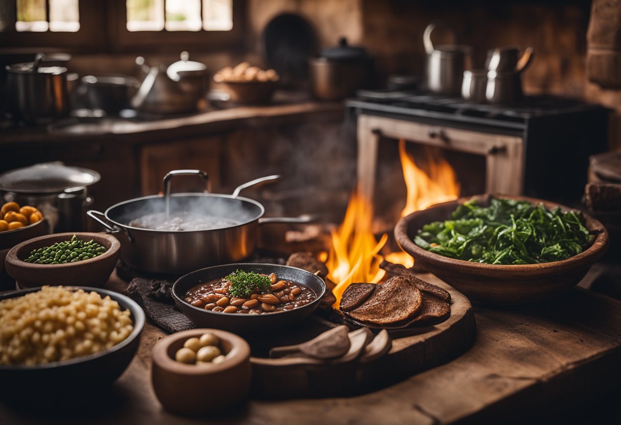 Uma cozinha rústica com uma panela cozinhando em uma fogueira de lenha, cercada por ingredientes simples como carne bovina, vegetais e feijão para o Puchero Gaúcho.