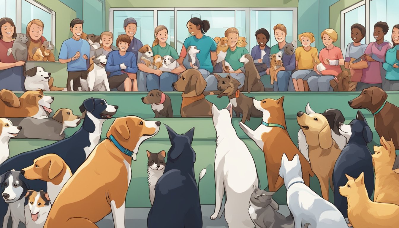 A crowded animal shelter with happy pets being adopted