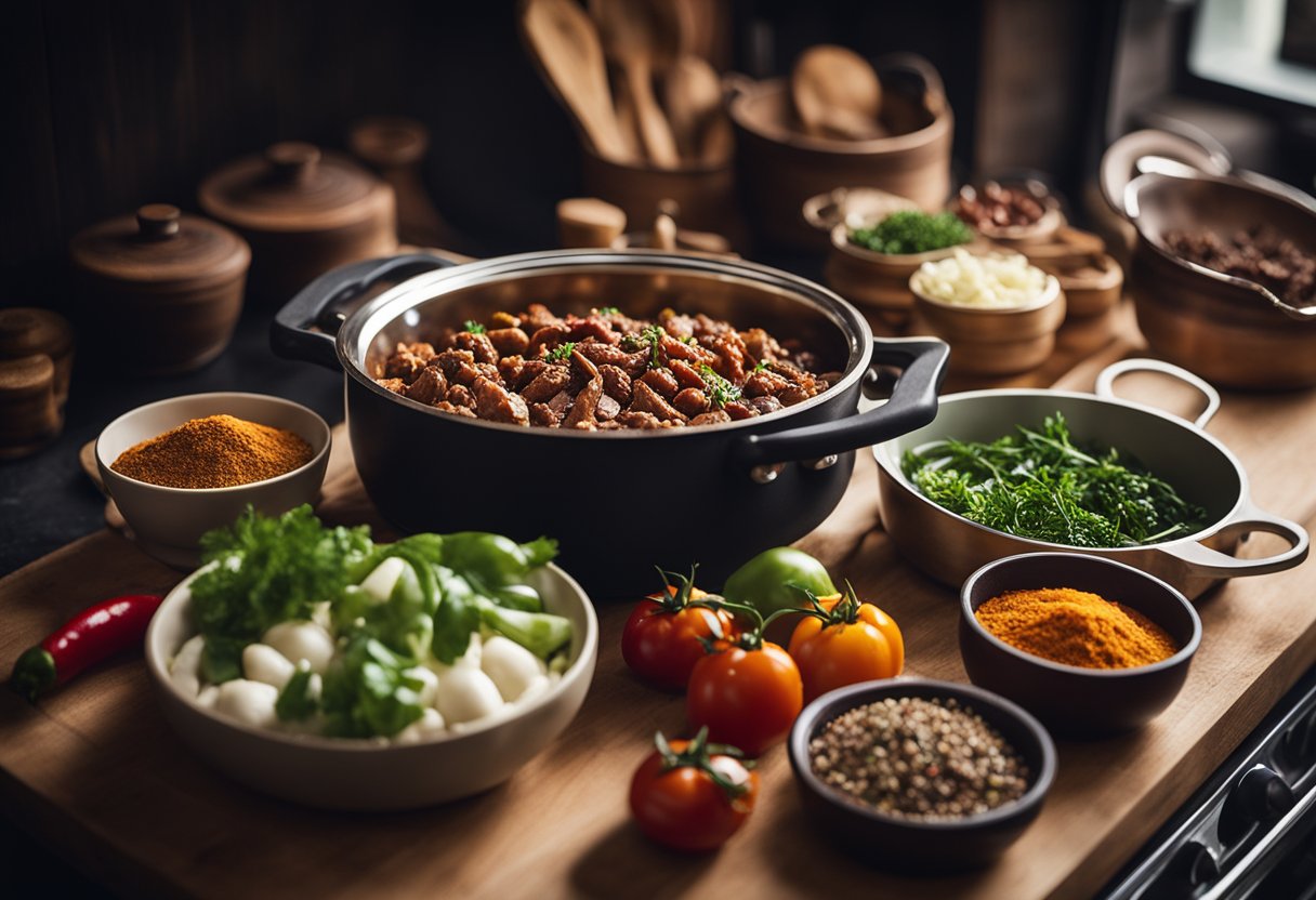 Uma bancada de cozinha rústica exibe ingredientes para Puchero Gaúcho: carne bovina, chorizo, vegetais e especiarias. Uma panela cozinha lentamente no fogão.