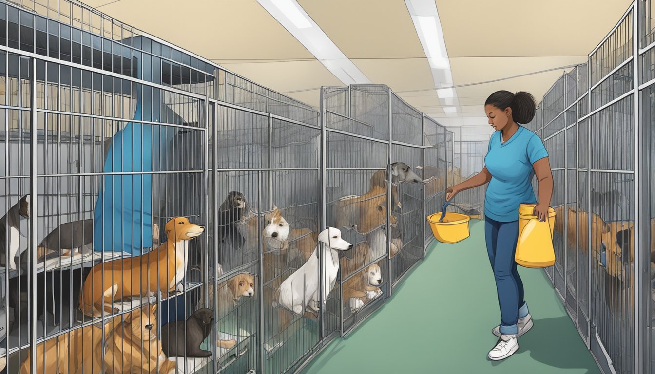 Animals in cages at a shelter, volunteers cleaning and organizing, people adopting pets, and staff providing post-event support