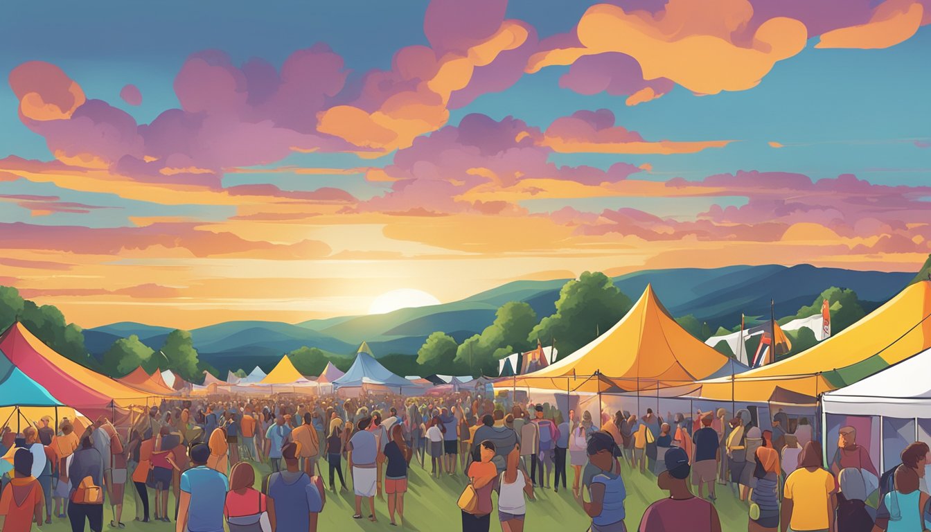 Crowds gather around the main stage at Chilifest Music Festival, with colorful tents and food vendors lining the venue. The sun sets behind the rolling hills in the distance