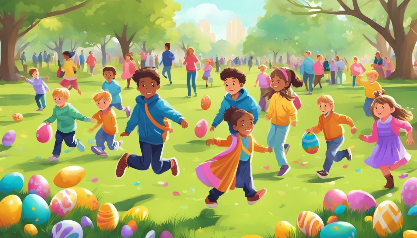 Children hunting for Easter eggs in a vibrant Texas park, surrounded by festive decorations and cheerful families