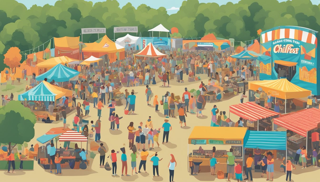 Crowds gather around stages, vendors, and food trucks at the Chilifest music festival. A schedule board displays upcoming performances. Dates are visible on banners and posters throughout the venue