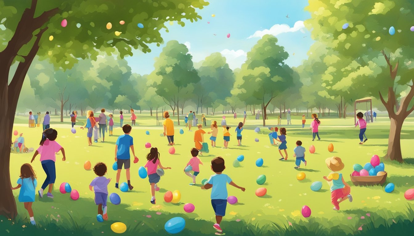 Children hunting for colorful Easter eggs in a sunny Texas park, while families enjoy picnics and games in the background