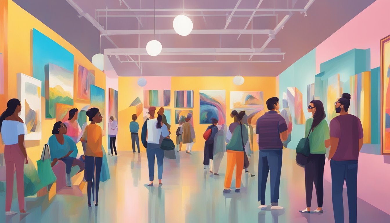 A colorful art exhibition in Texas with diverse artworks and people admiring them