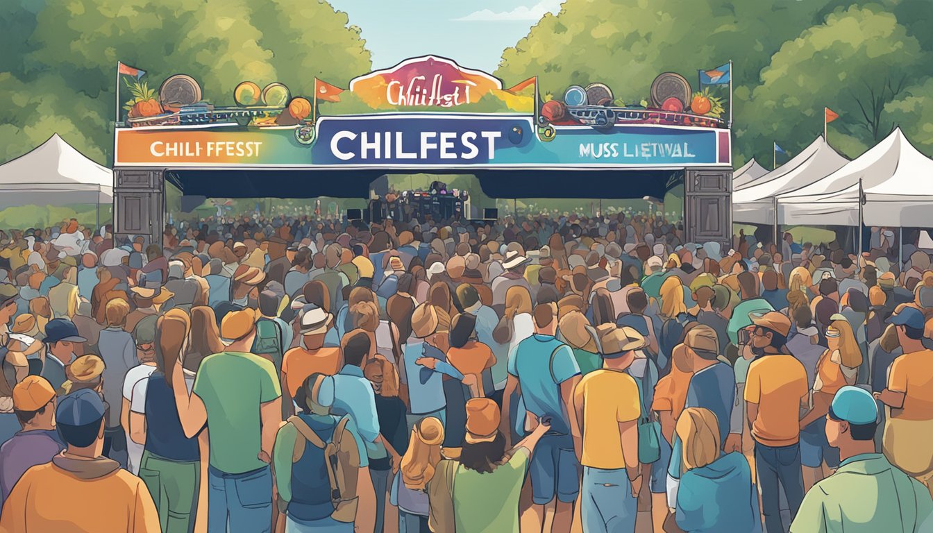 Crowds gather at the entrance of the Chilifest music festival, eagerly presenting their tickets for admission. The sound of live music fills the air