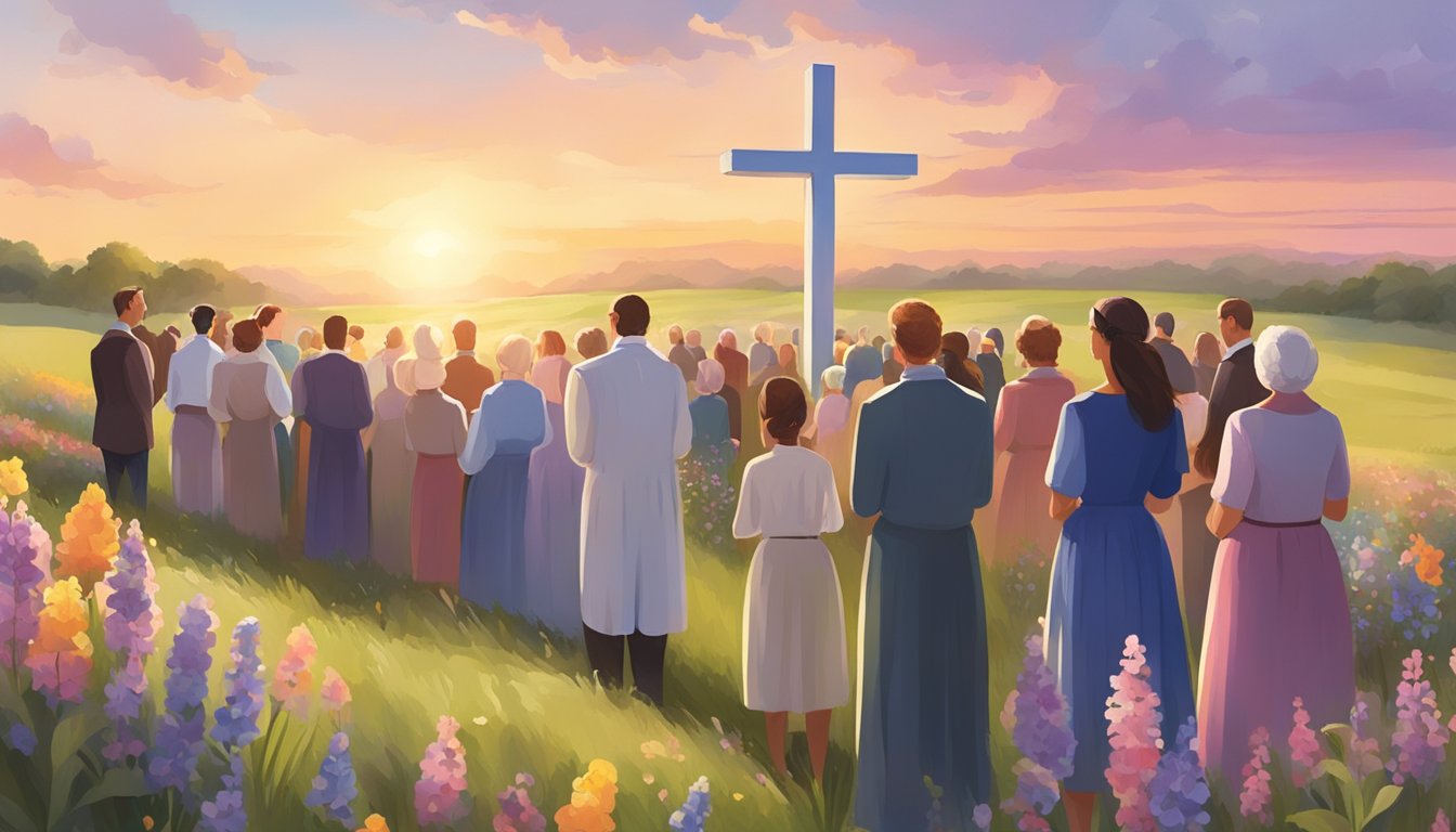 A colorful Easter sunrise service in a Texas field with people gathered around a cross, surrounded by blooming wildflowers and singing hymns