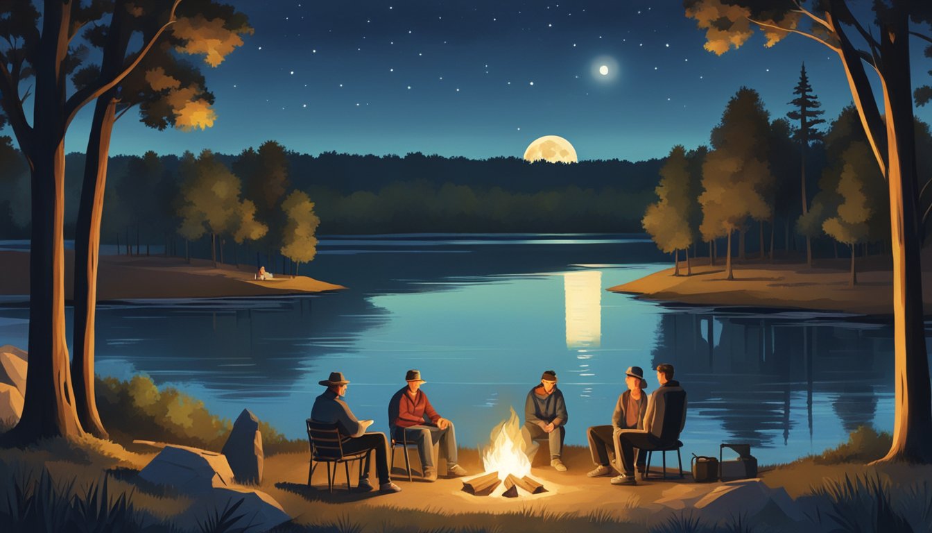 A group of people gather around a campfire in a Texas state park, with tents pitched in the background and a lake shimmering in the moonlight