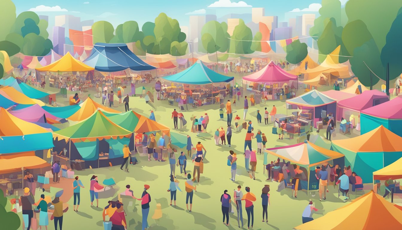 A bustling festival ground with colorful tents, food trucks, and stages surrounded by excited crowds