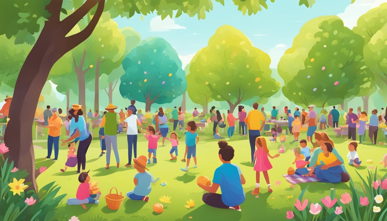 A colorful Easter egg hunt in a lush Texas park with families picnicking and children laughing