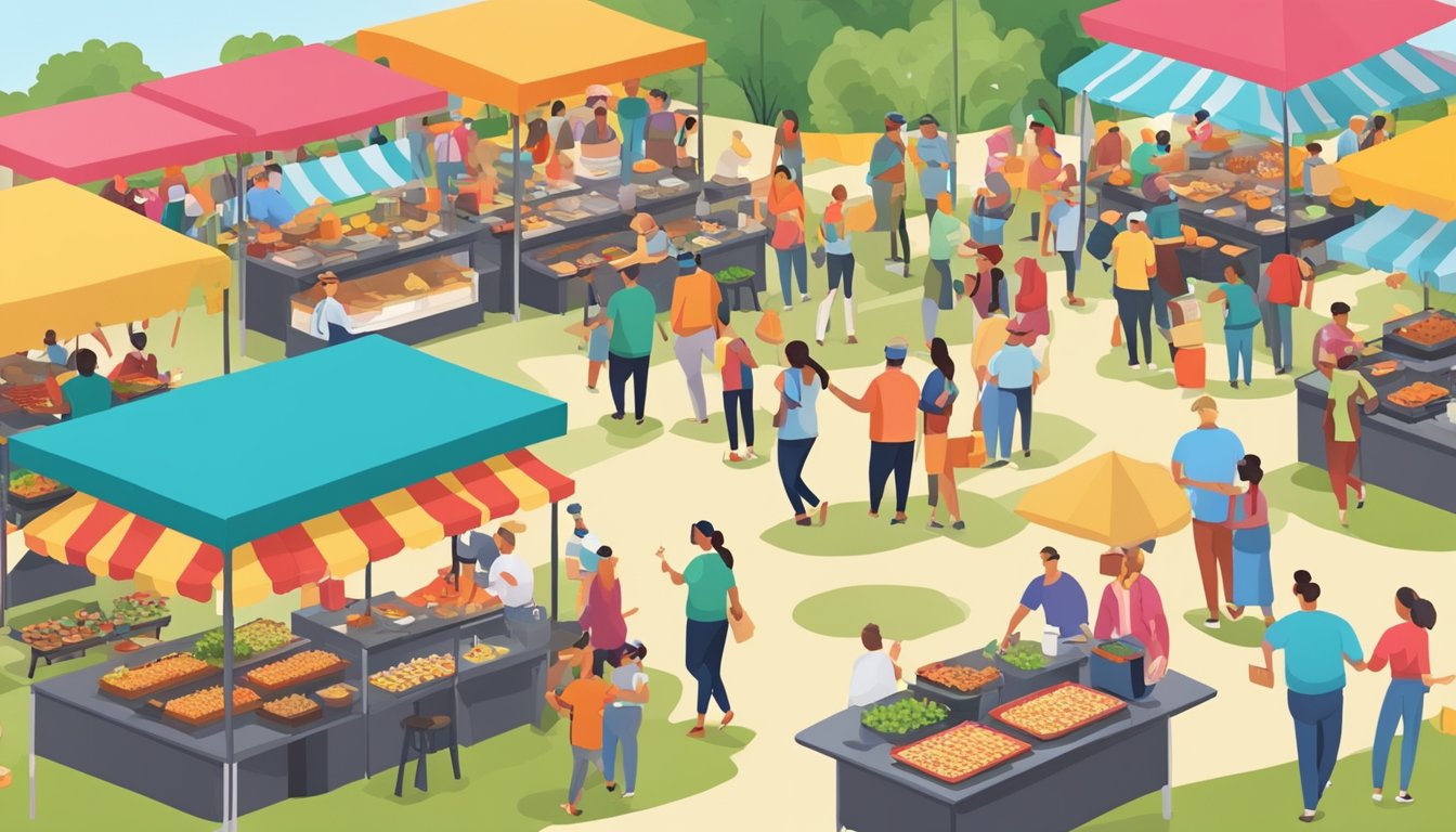 A bustling food festival in Texas, with colorful food stalls, live cooking demonstrations, and excited attendees sampling various culinary delights