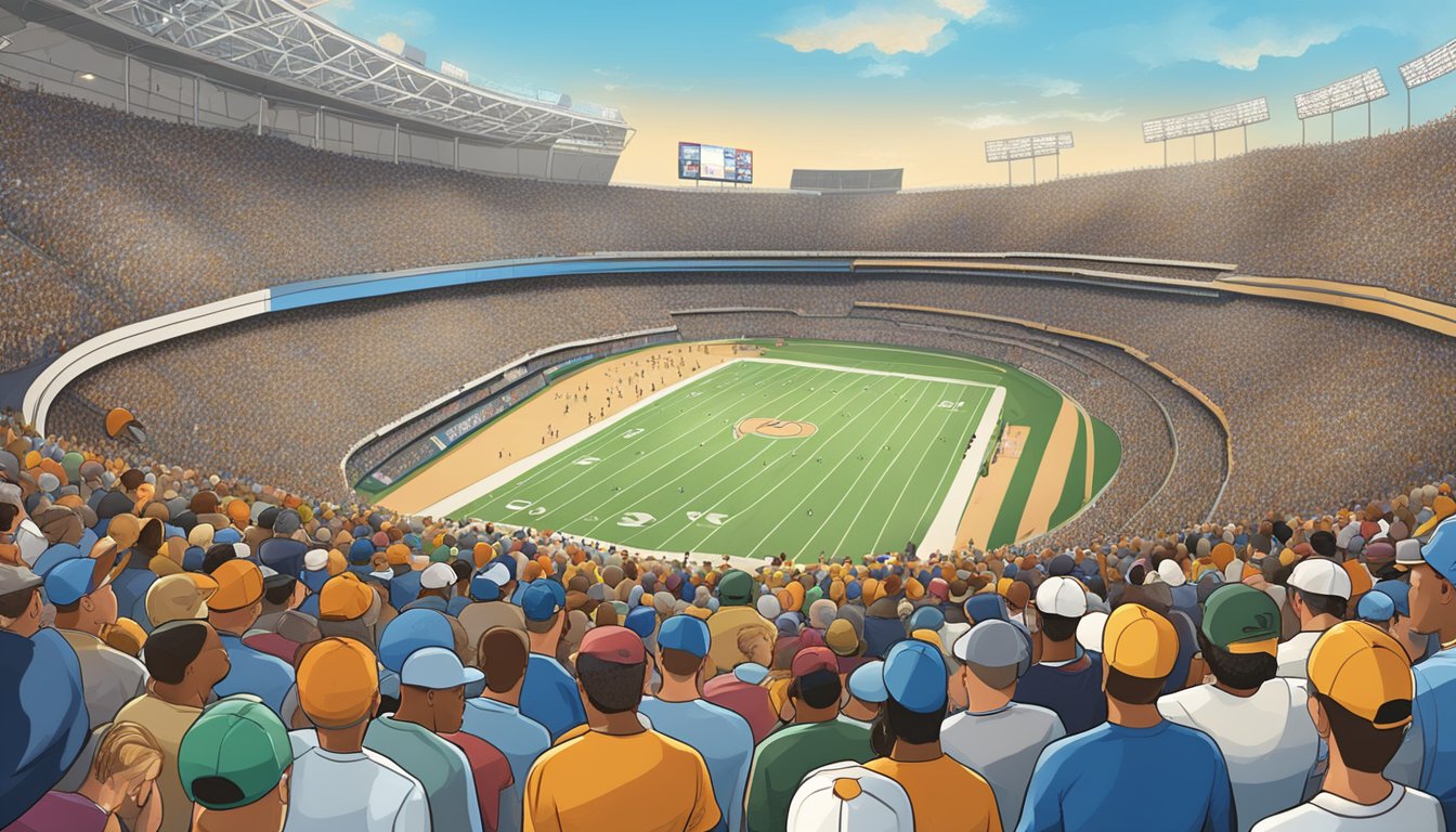 A crowded sports stadium in Texas, filled with cheering fans and athletes competing in various events