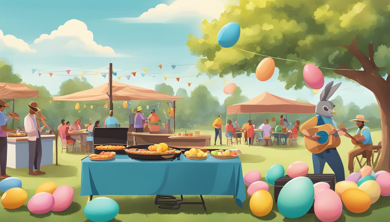 A festive Texas Easter spread with colorful eggs, barbecue, and live music under a sunny sky